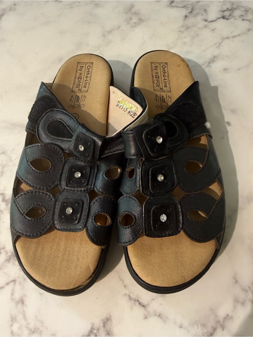 Black Slip-On Orthopedic Comfort Sandals with Decorative Cutouts - 7.5